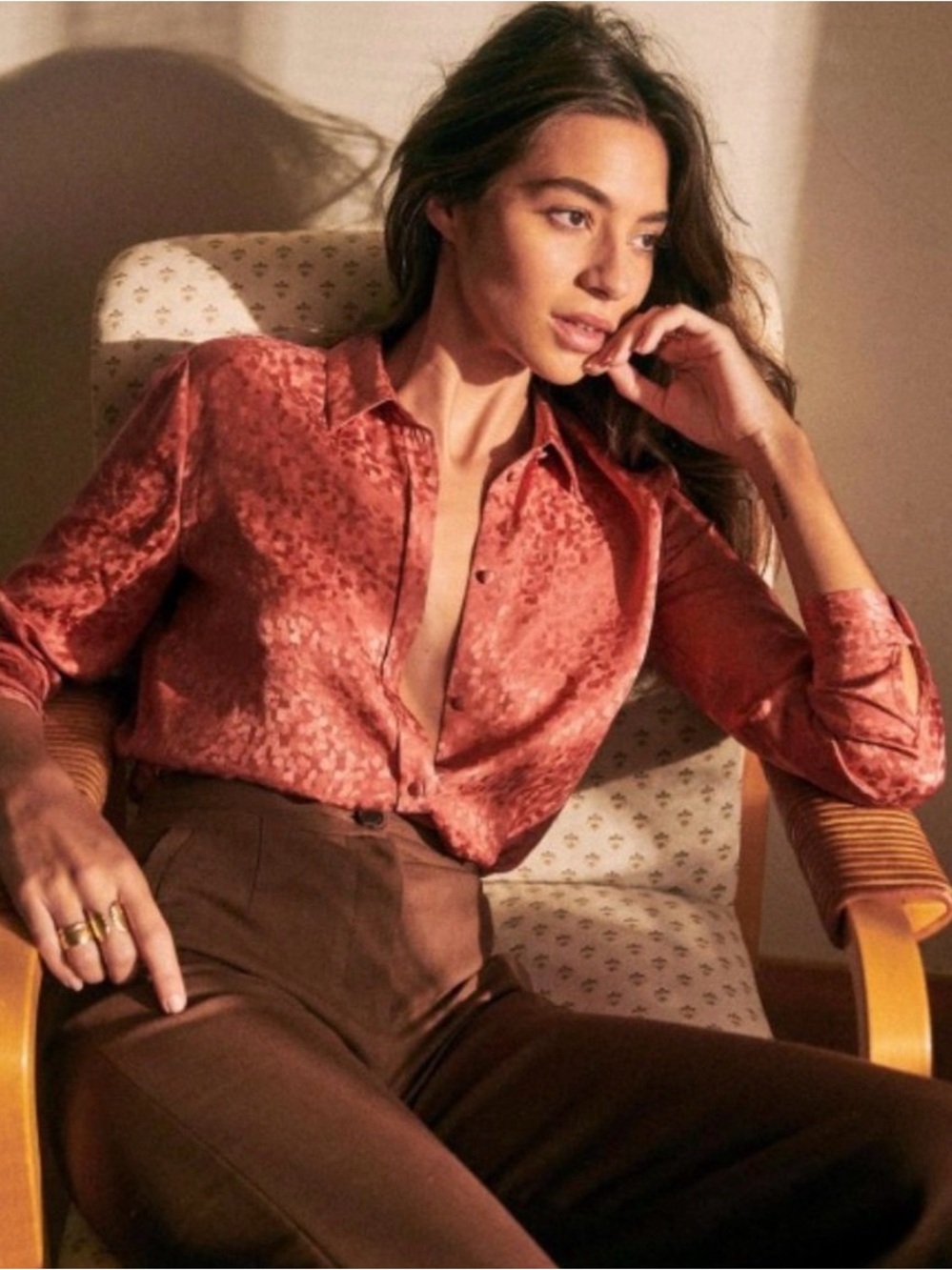 Sezane Anne Womens Long-Sleeve Silk Button-Up Shirt in Rust